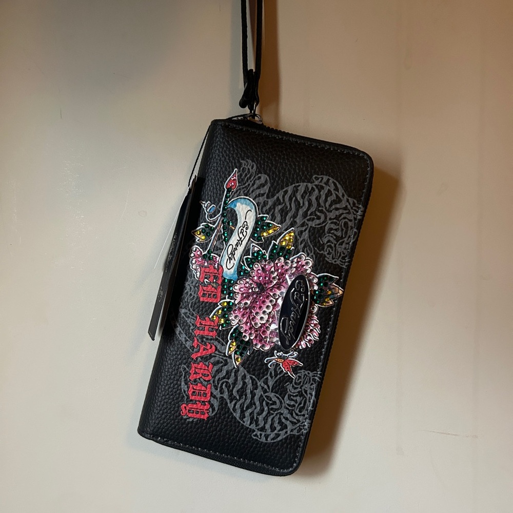 Ed Hardy Black Wallet w Floral Design